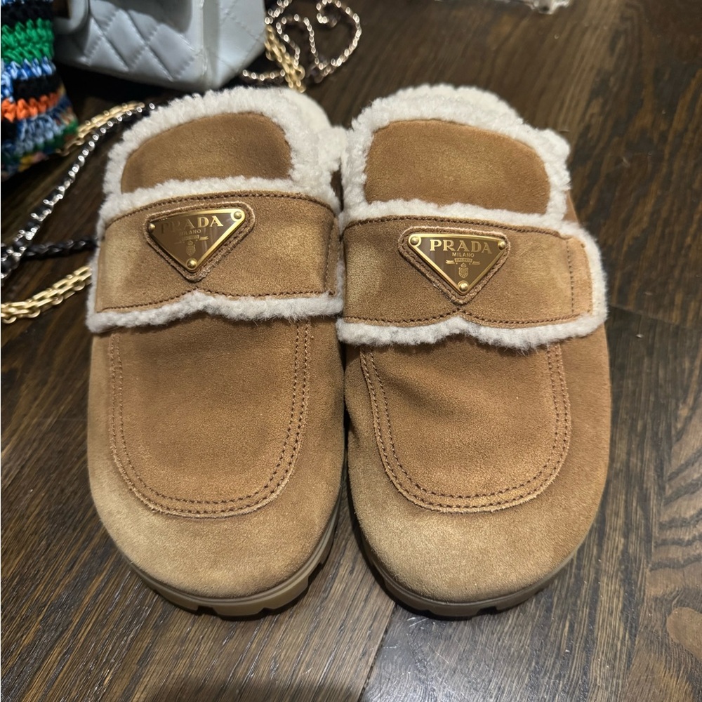 PRADA Triangle Slides with Fur